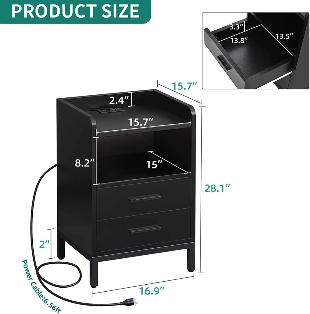 Side Table with Charging Station, 3-Drawer LED Light Bedside Living Room