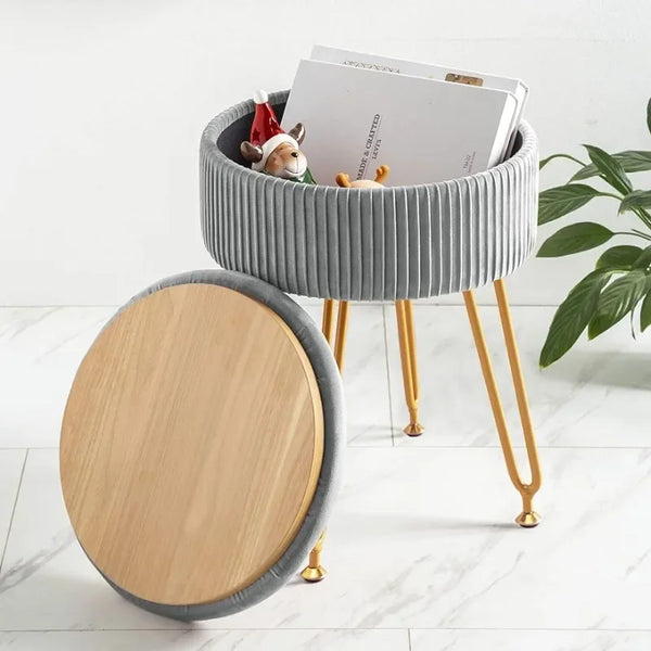 Grey Vanity Stool with Gold Legs,18” Height, Small Storage Ottoman Foot