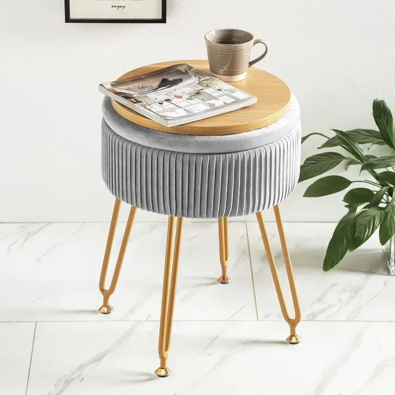 Grey Vanity Stool with Gold Legs,18” Height, Small Storage Ottoman Foot