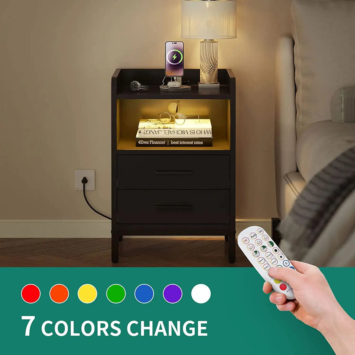 Side Table with Charging Station, 3-Drawer LED Light Bedside Living Room